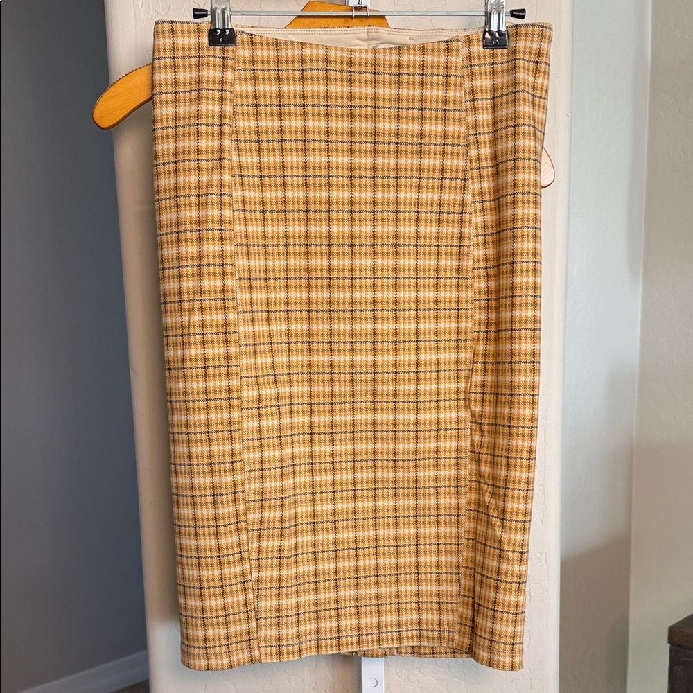 Liverpool Plaid Pencil Skirt in mustard yellow, blk and wht plaid